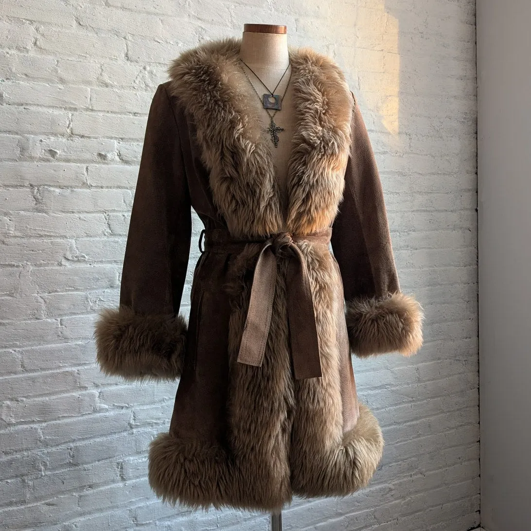 70s Vintage Brown Leather Penny Lane Coat Tan Suede Fur Groovy Boho Afghan Coat