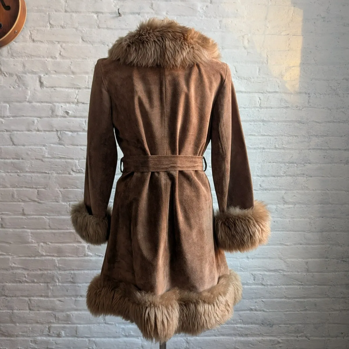 70s Vintage Brown Leather Penny Lane Coat Tan Suede Fur Groovy Boho Afghan Coat