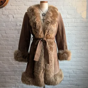 70s Vintage Brown Leather Penny Lane Coat Tan Suede Fur Groovy Boho Afghan Coat