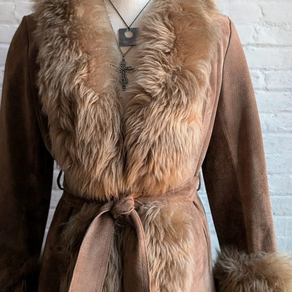 70s Vintage Brown Leather Penny Lane Coat Tan Suede Fur Groovy Boho Afghan Coat