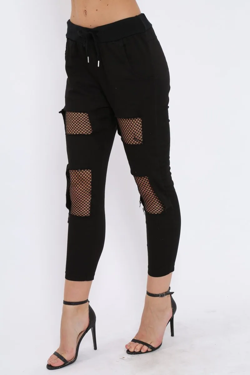 Black Fish Net Panel Detail Joggers - Mikaela