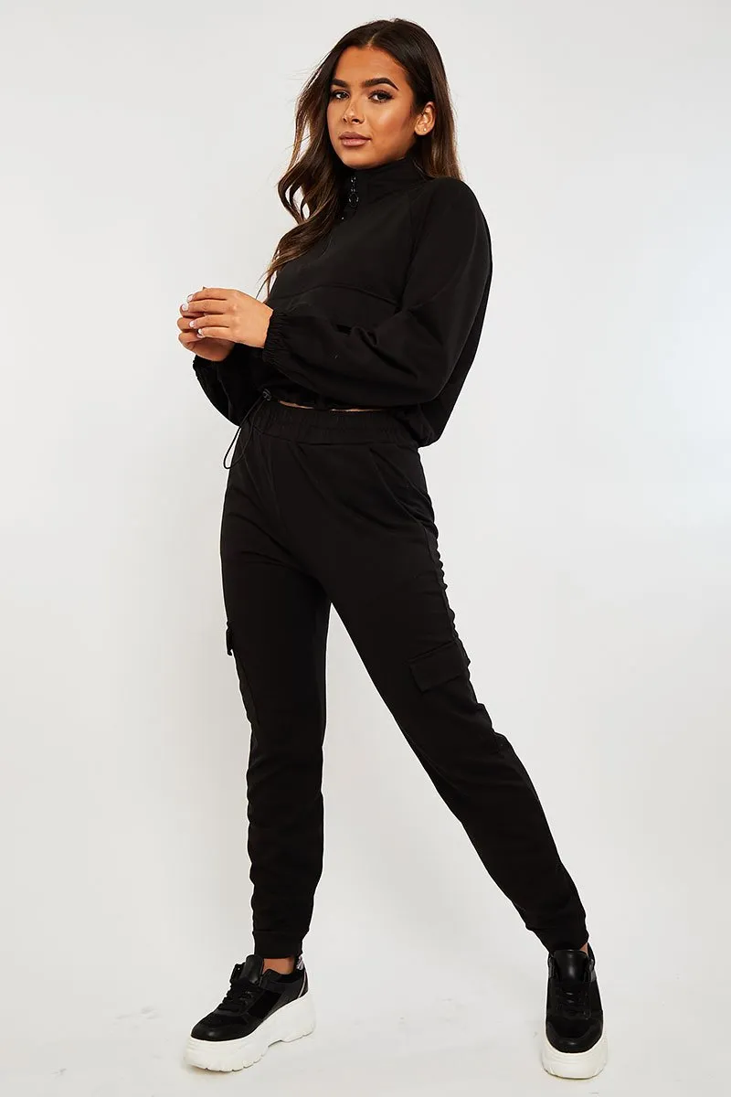 Black Front Pocket Cargo Jumper and Joggers Loungewear Set - Naziya