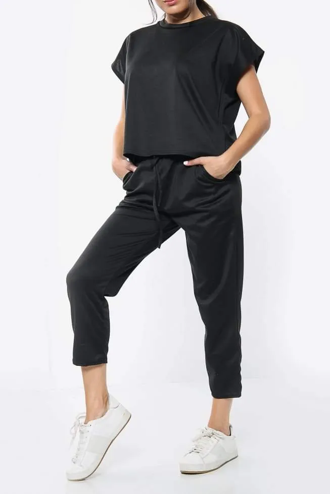 Black short sleeve boxy top and joggers