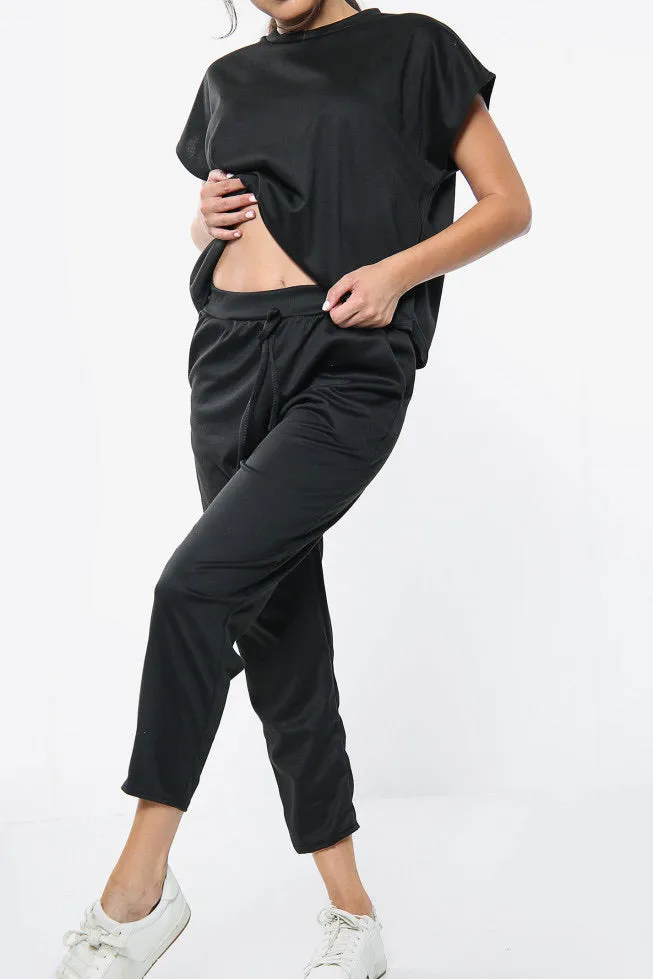 Black short sleeve boxy top and joggers