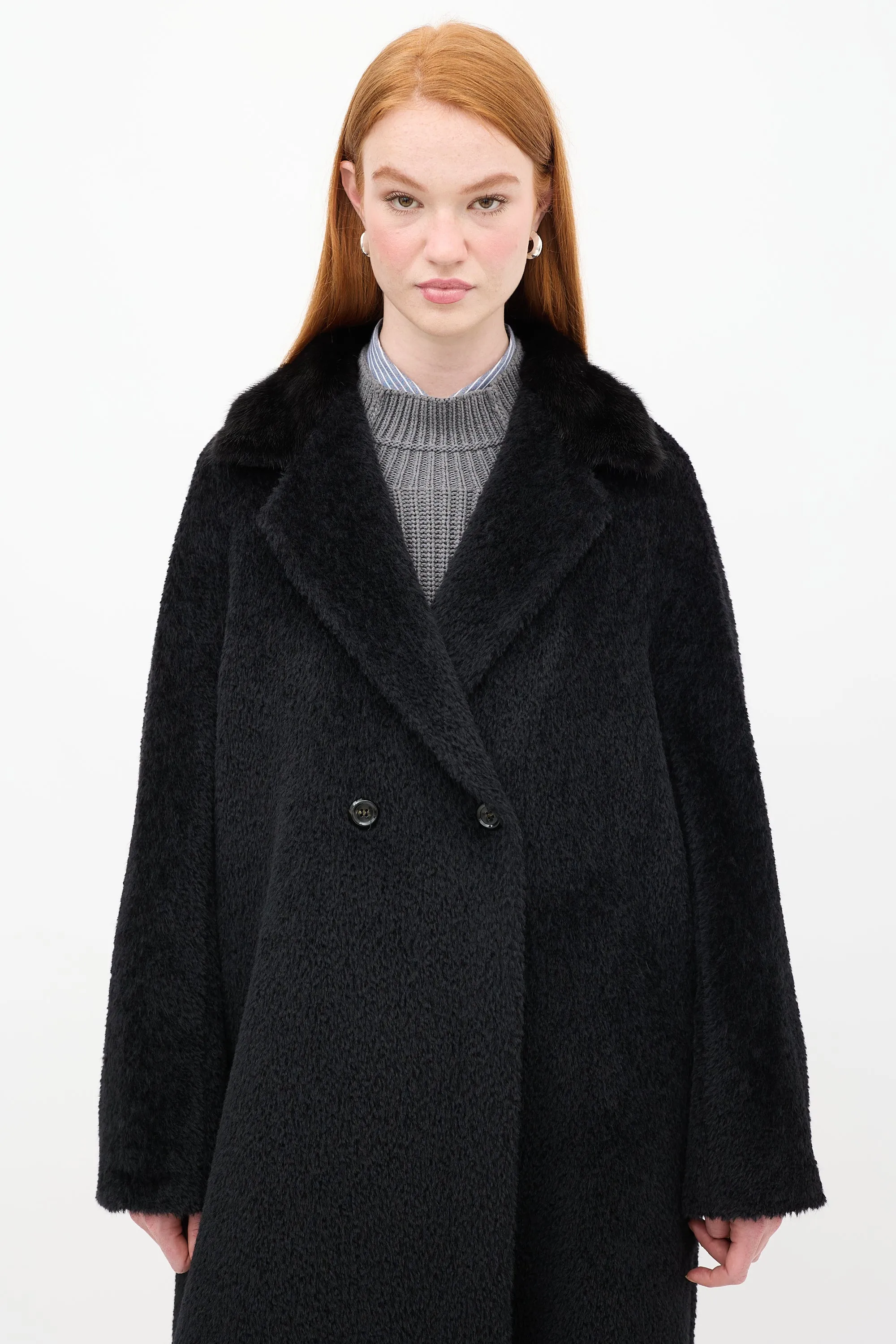 Black Wool Teddy Fur Trim Coat