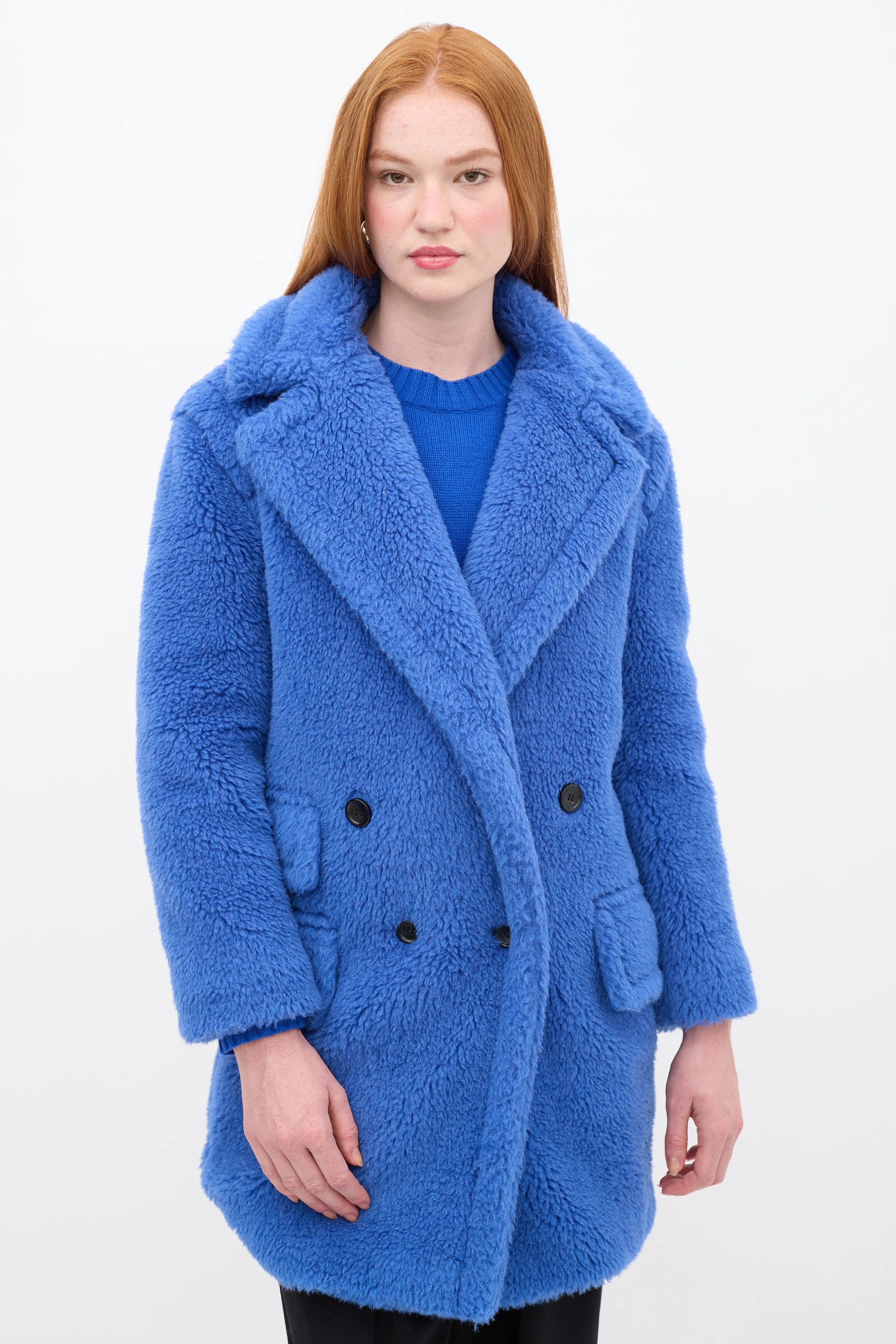 Blue Wool Double Breasted Teddy Coat