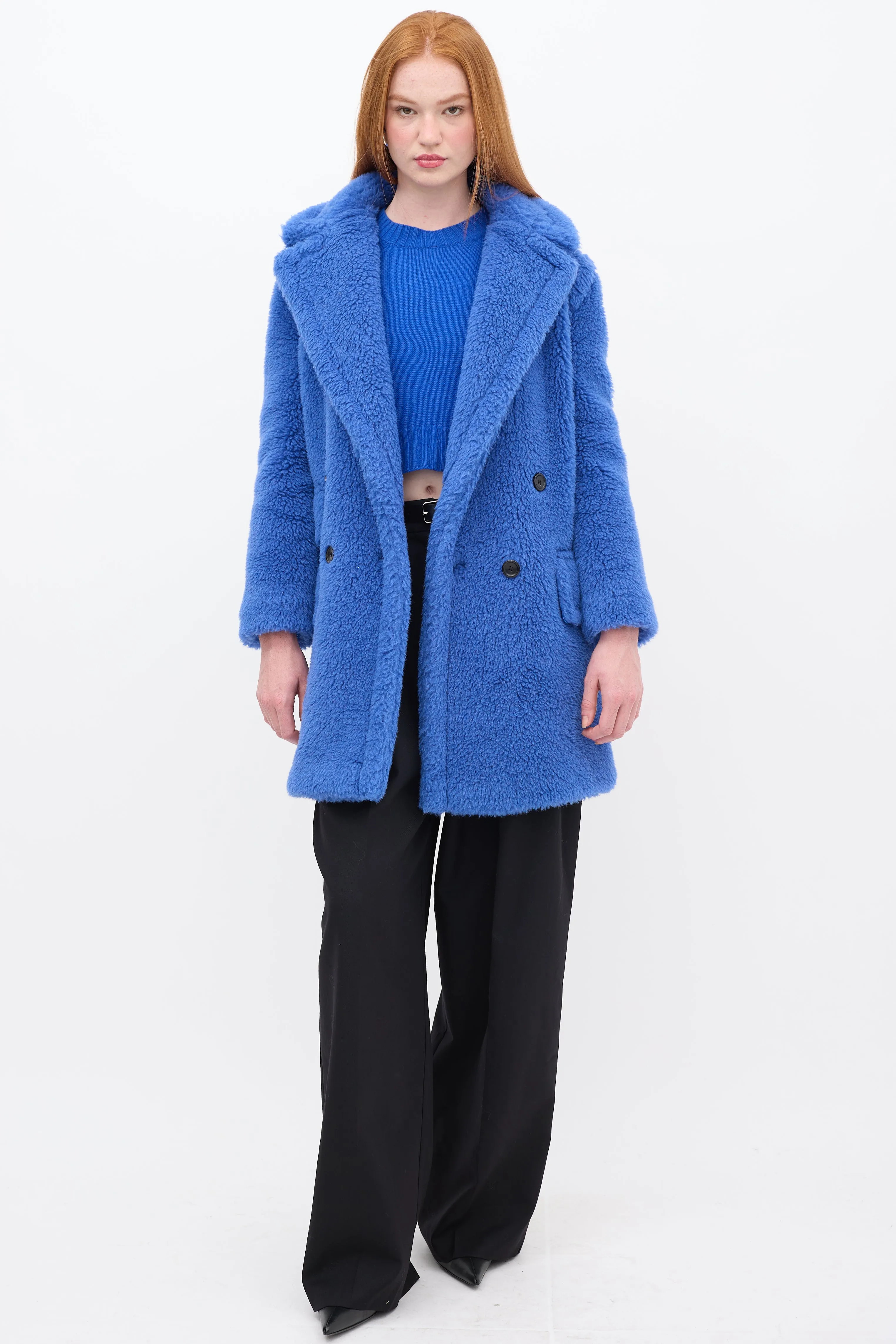 Blue Wool Double Breasted Teddy Coat