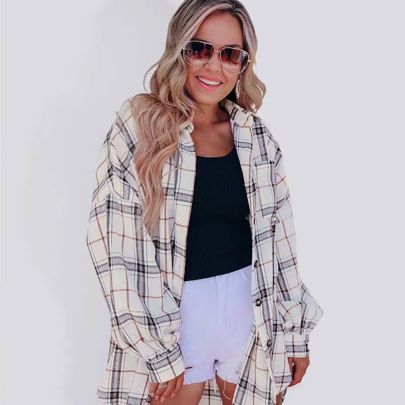 Checkered long-sleeved loose shirt