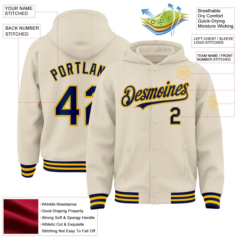 Custom Cream Navy-Gold Bomber Full-Snap Varsity Letterman Hoodie Jacket