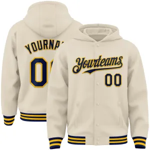 Custom Cream Navy-Gold Bomber Full-Snap Varsity Letterman Hoodie Jacket