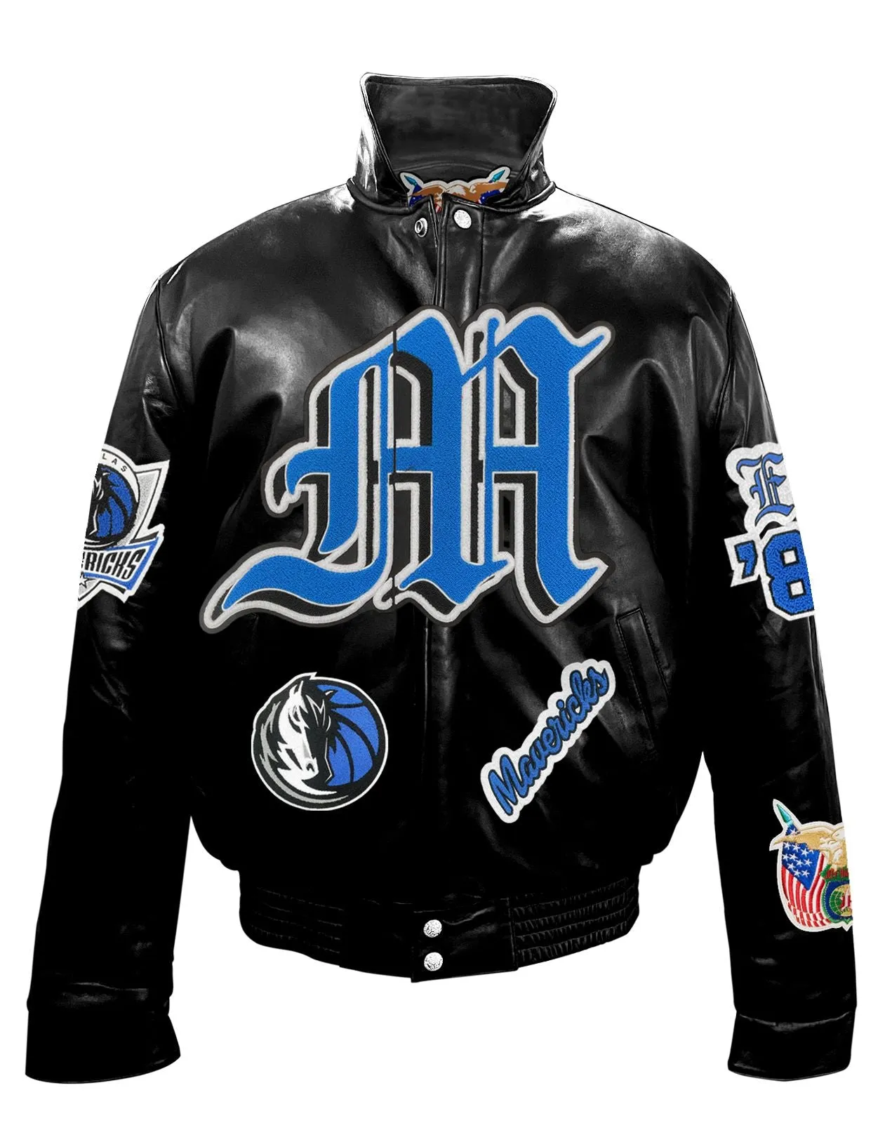 DALLAS MAVERICKS FULL LEATHER PUFFER OLD ENGLISH JACKET Black