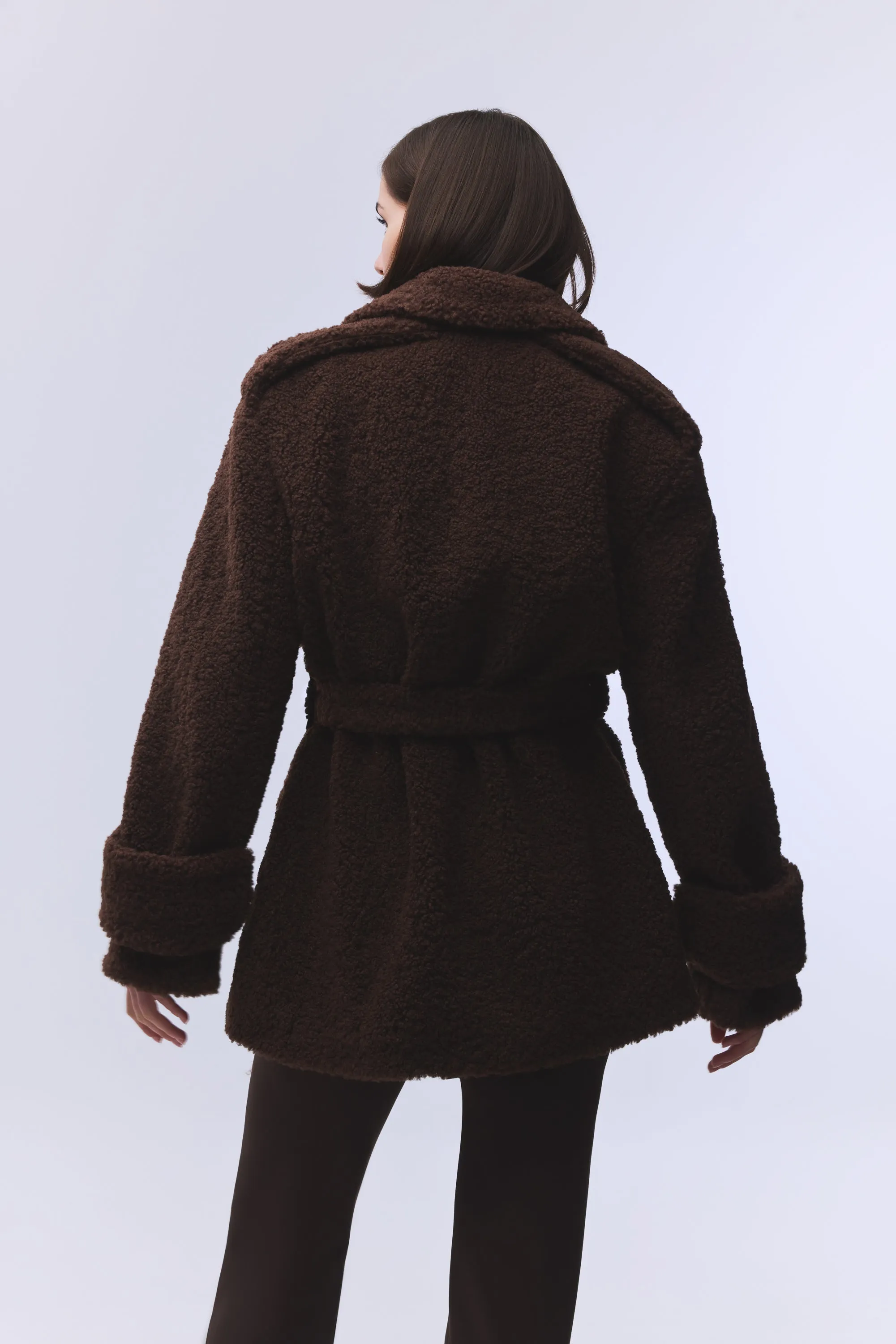 DARK BROWN TEDDY BELT-DETAILED COAT