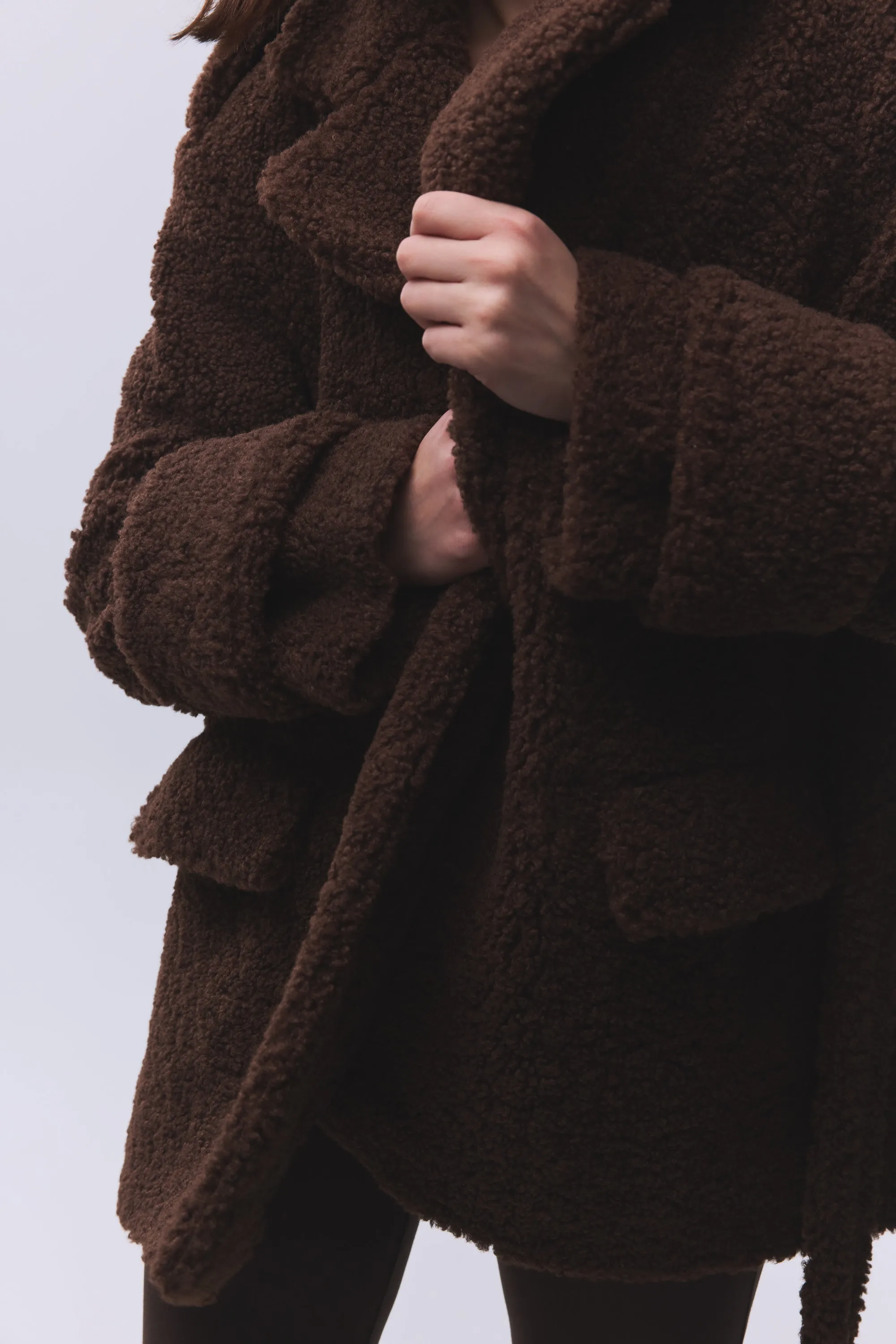 DARK BROWN TEDDY BELT-DETAILED COAT