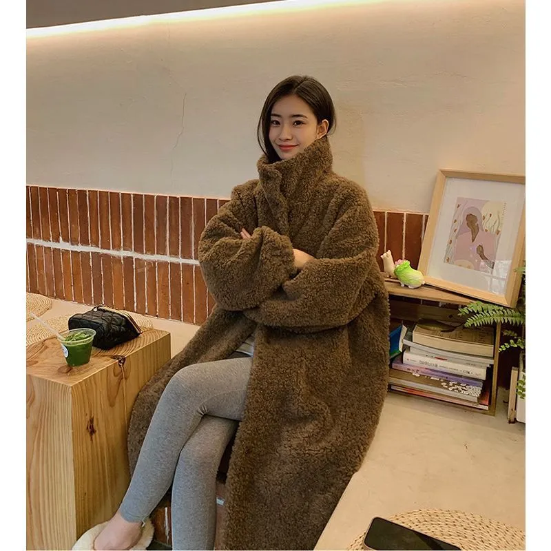 Fashionkova shoes Maillard Small Teddy Wool Stand Collar Coat Long Cashmere Lamb Fur Coat Thickened Loose