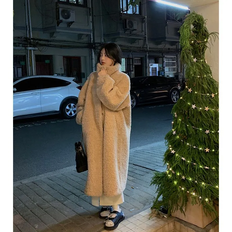 Fashionkova shoes Maillard Small Teddy Wool Stand Collar Coat Long Cashmere Lamb Fur Coat Thickened Loose