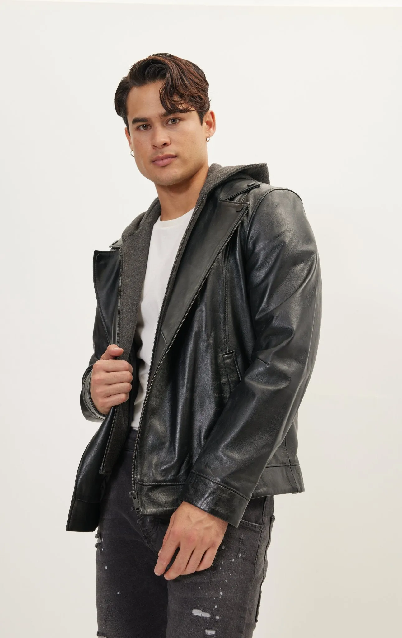 Genuine Leather Jacket With Removable Hood - Black