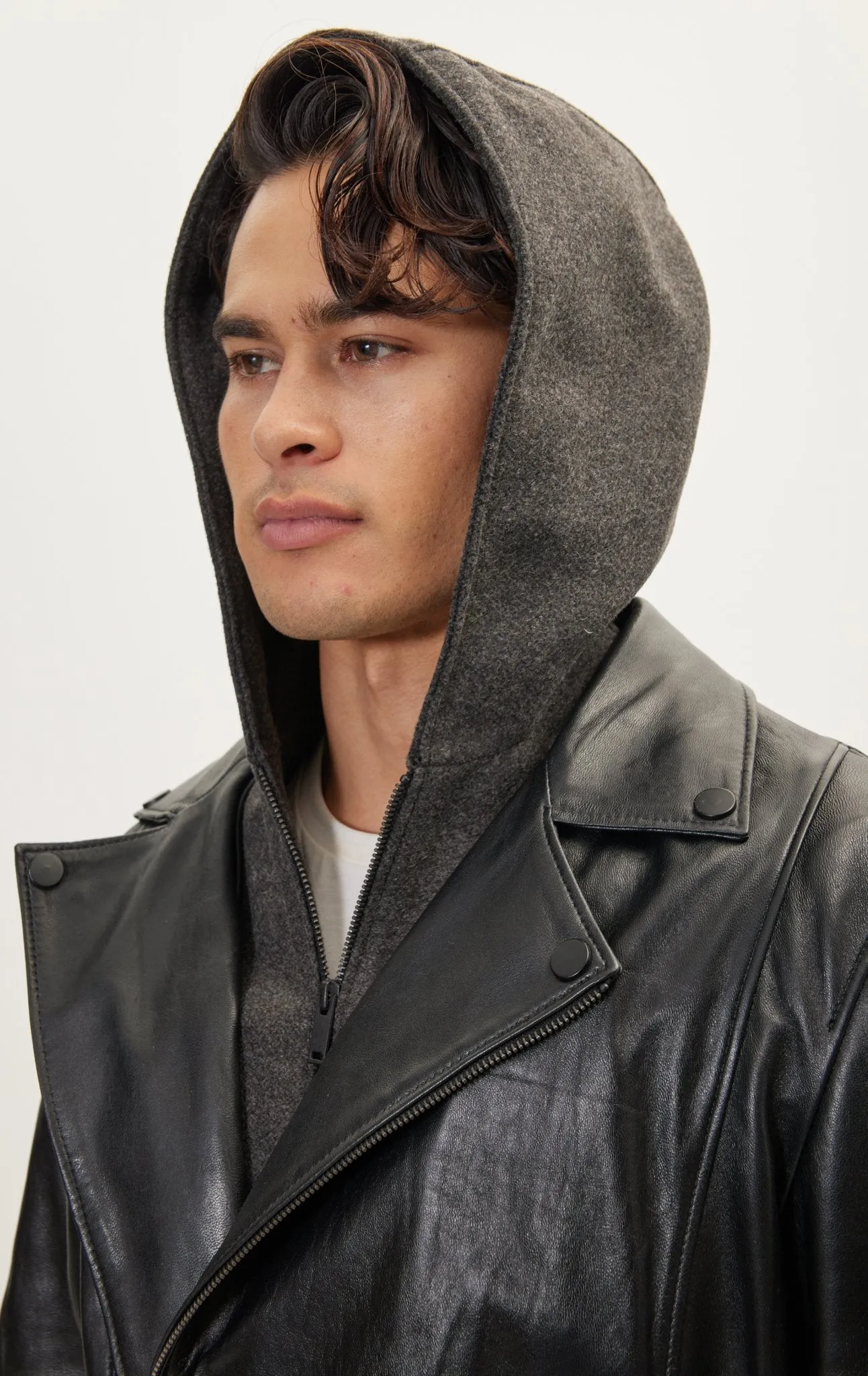 Genuine Leather Jacket With Removable Hood - Black