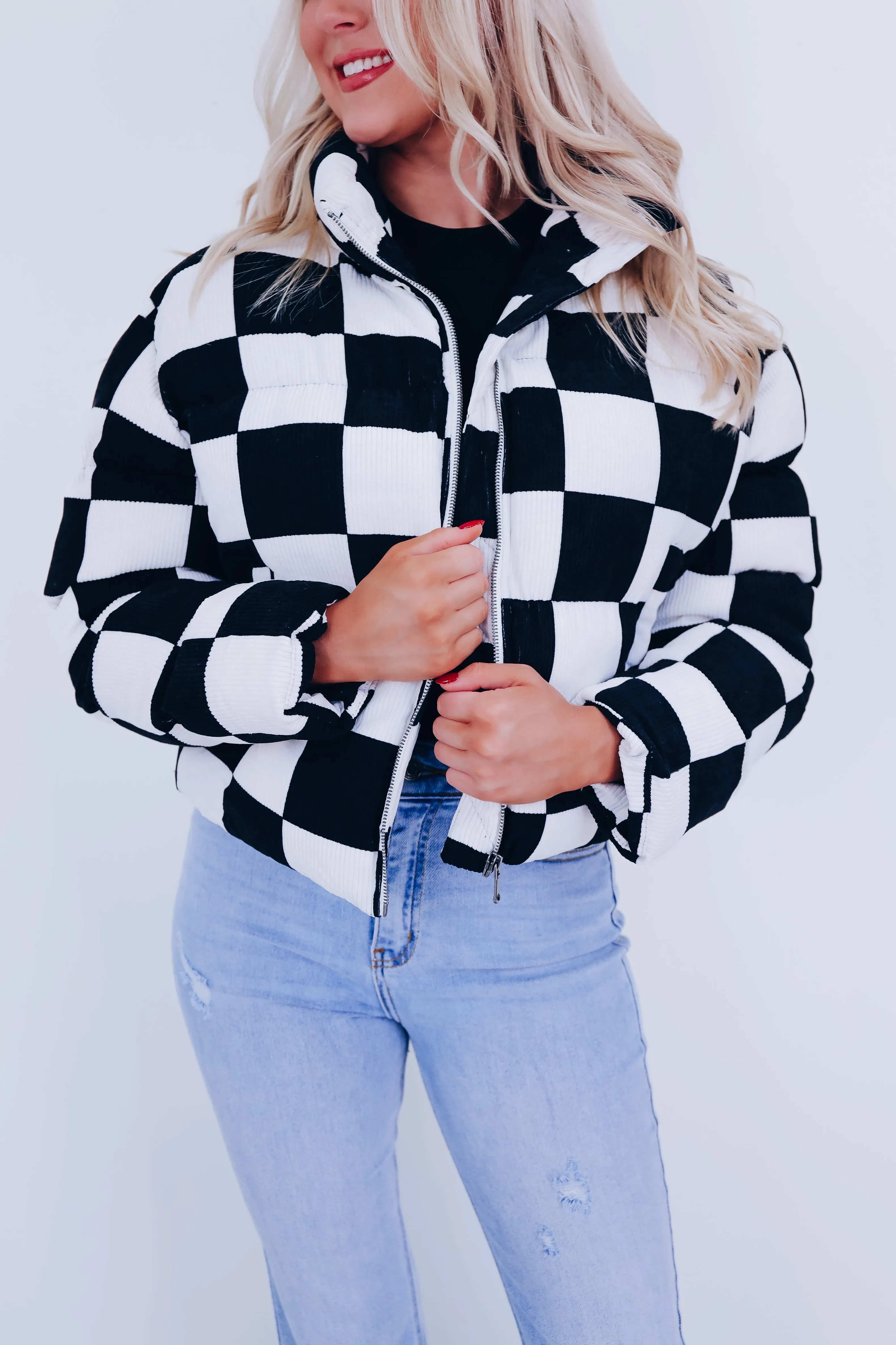 Gwen Checkered Cropped Puffer Jacket