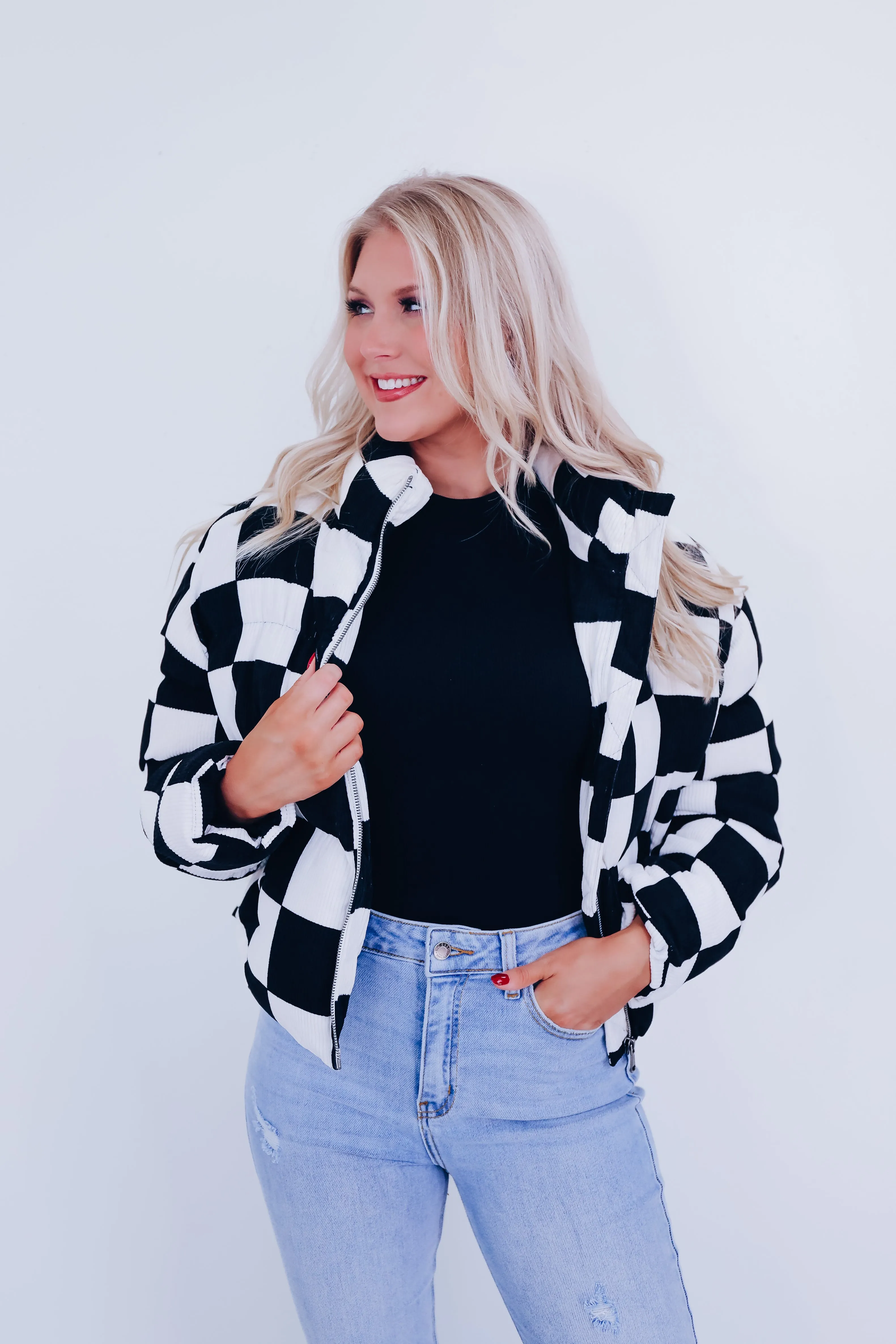 Gwen Checkered Cropped Puffer Jacket