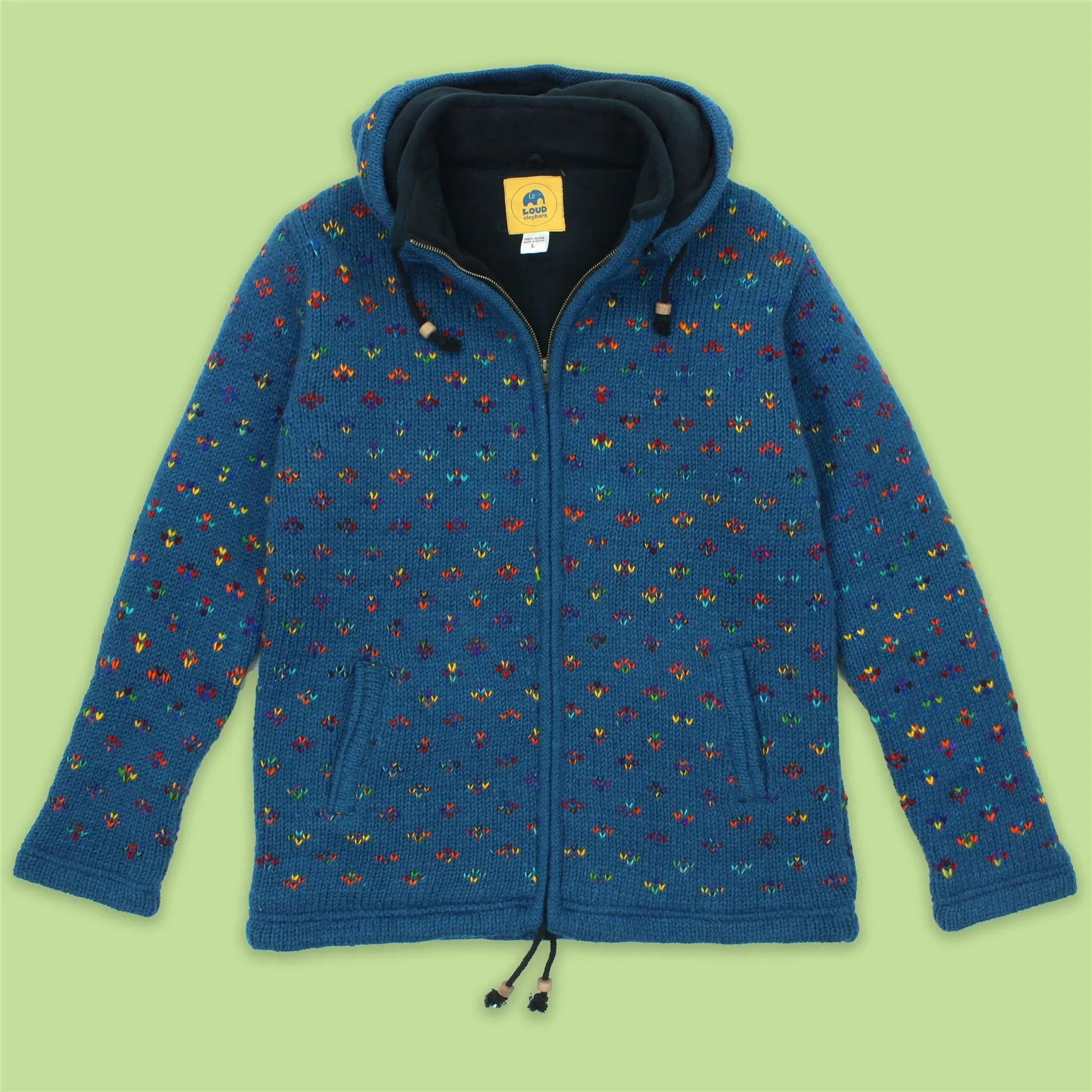 Hand Knitted Wool Hooded Jacket Cardigan - Fleck Navy Rainbow