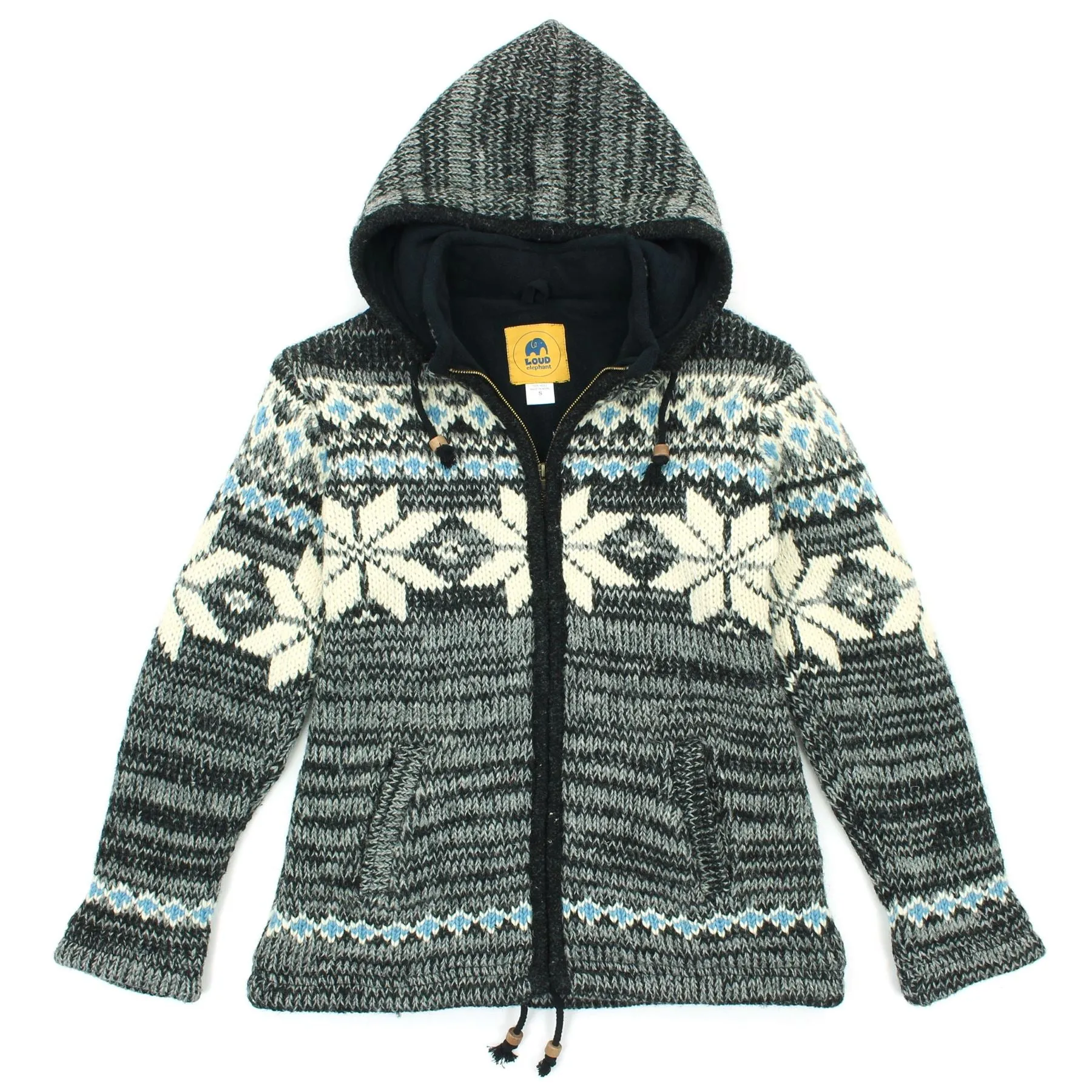 Hand Knitted Wool Hooded Jacket Cardigan Ladies Cut - Fairisle Grey