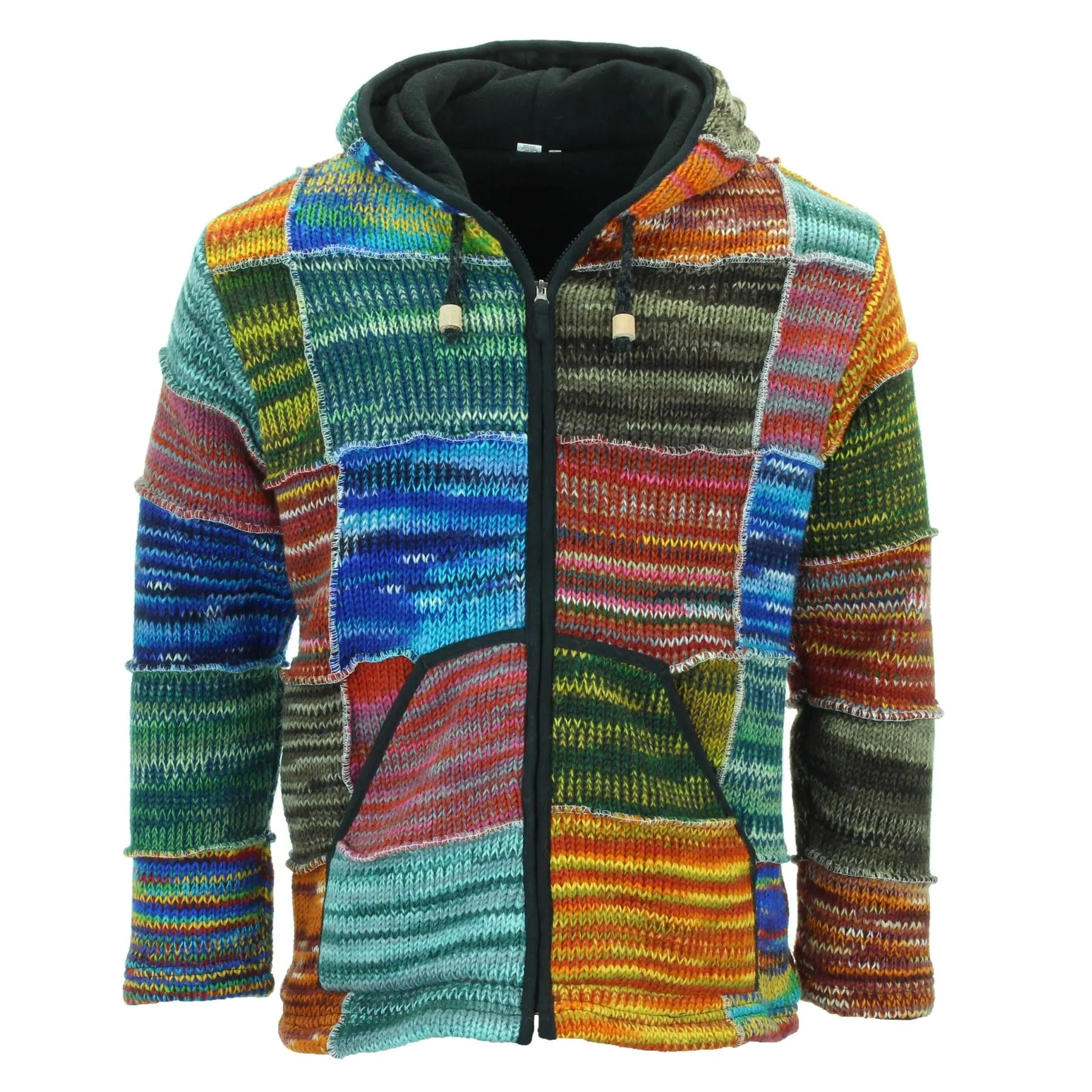 Hand Knitted Wool Hooded Jacket Cardigan - Rainbow Space Dye