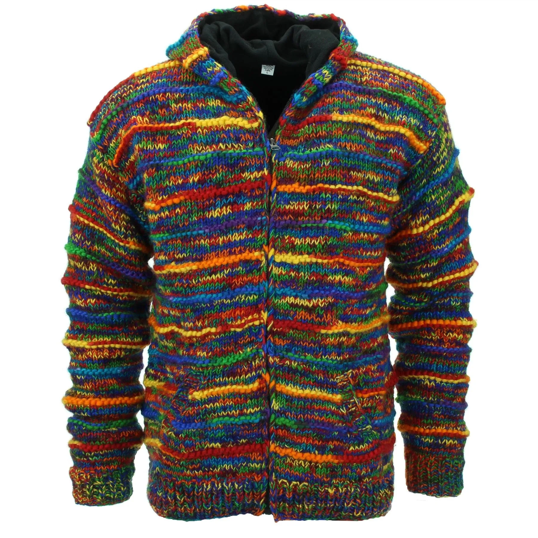 Hand Knitted Wool Hooded Jacket Cardigan - SD Rainbow Rib