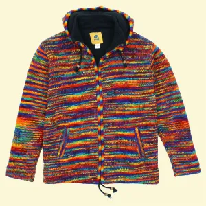 Hand Knitted Wool Hooded Jacket Cardigan - SD Rainbow with Rainbow Trim