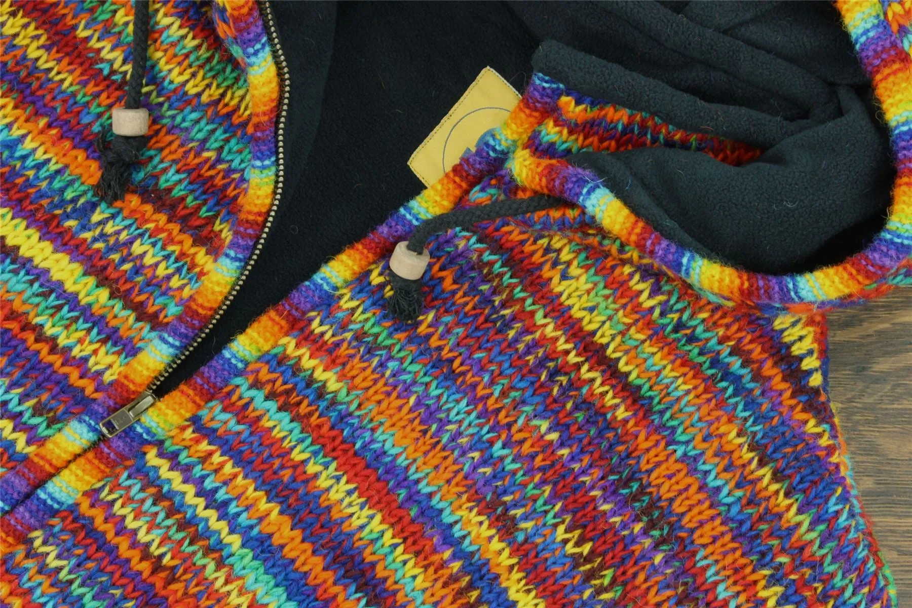 Hand Knitted Wool Hooded Jacket Cardigan - SD Rainbow with Rainbow Trim