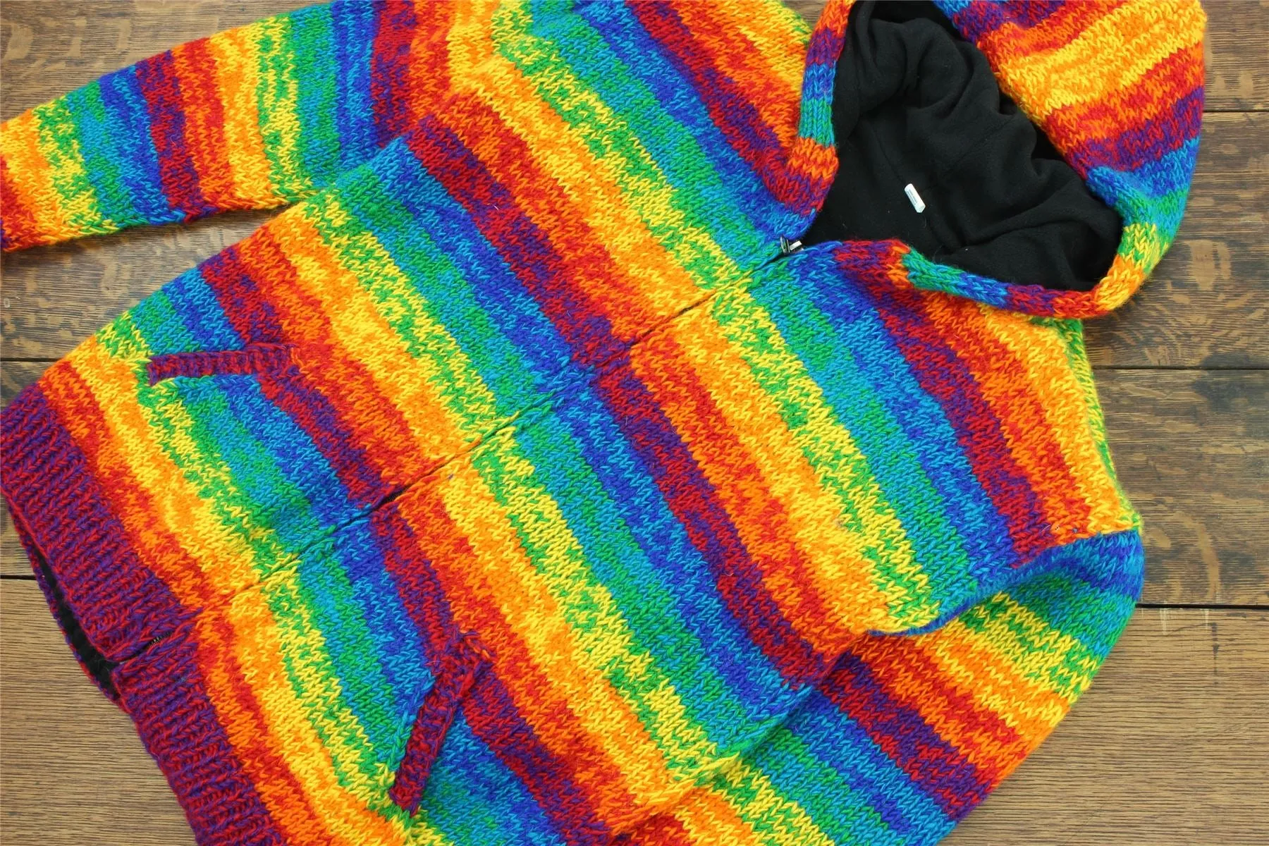 Hand Knitted Wool Hooded Jacket Cardigan - SD Shredded Rainbow