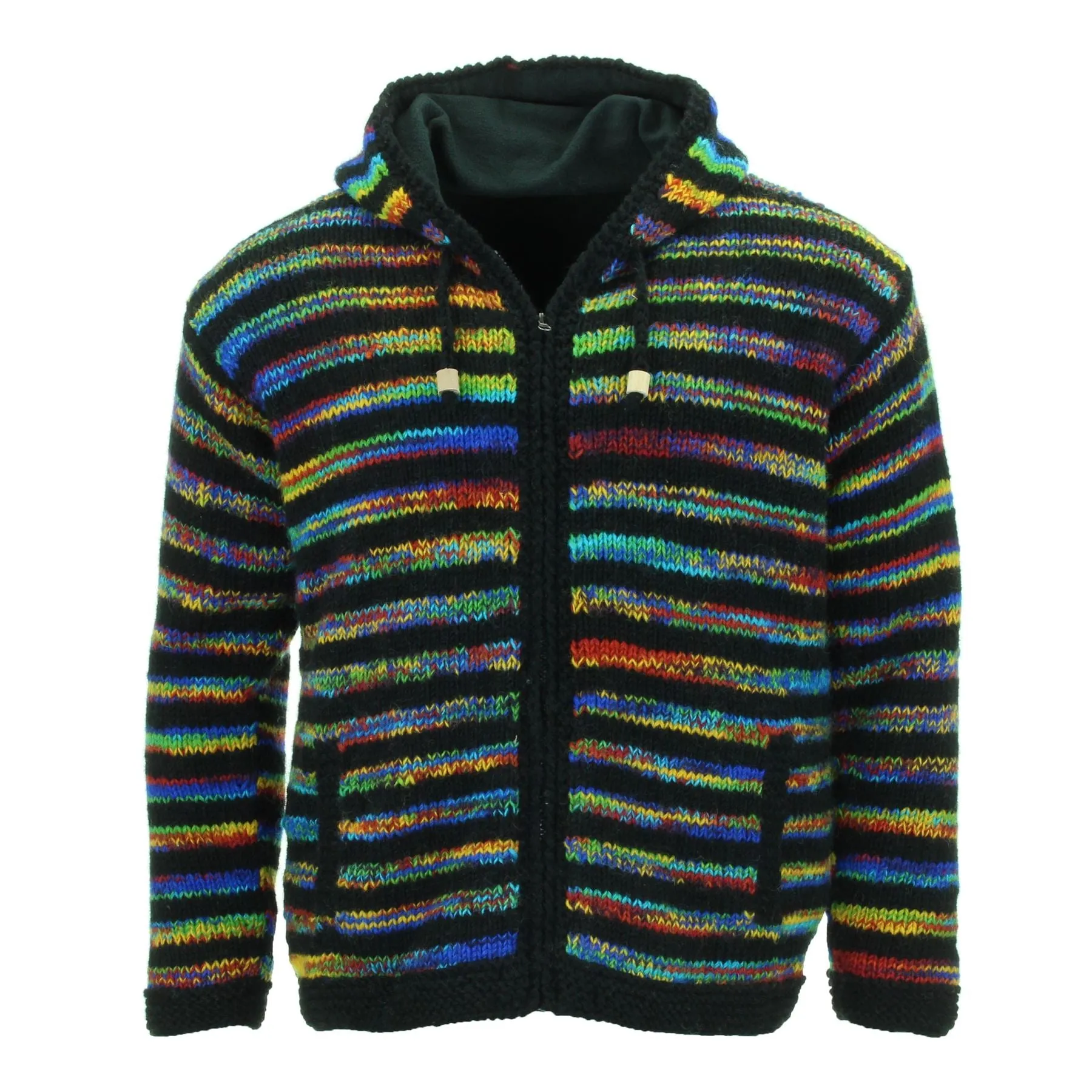 Hand Knitted Wool Hooded Jacket Cardigan - Stripe Black Rainbow SD