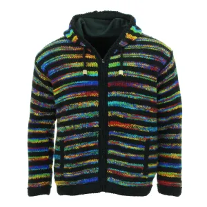 Hand Knitted Wool Hooded Jacket Cardigan - Stripe Black Rainbow SD