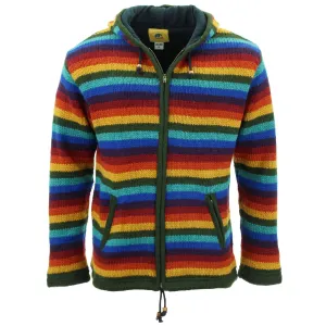 Hand Knitted Wool Hooded Jacket Cardigan - Stripe Dark Rainbow