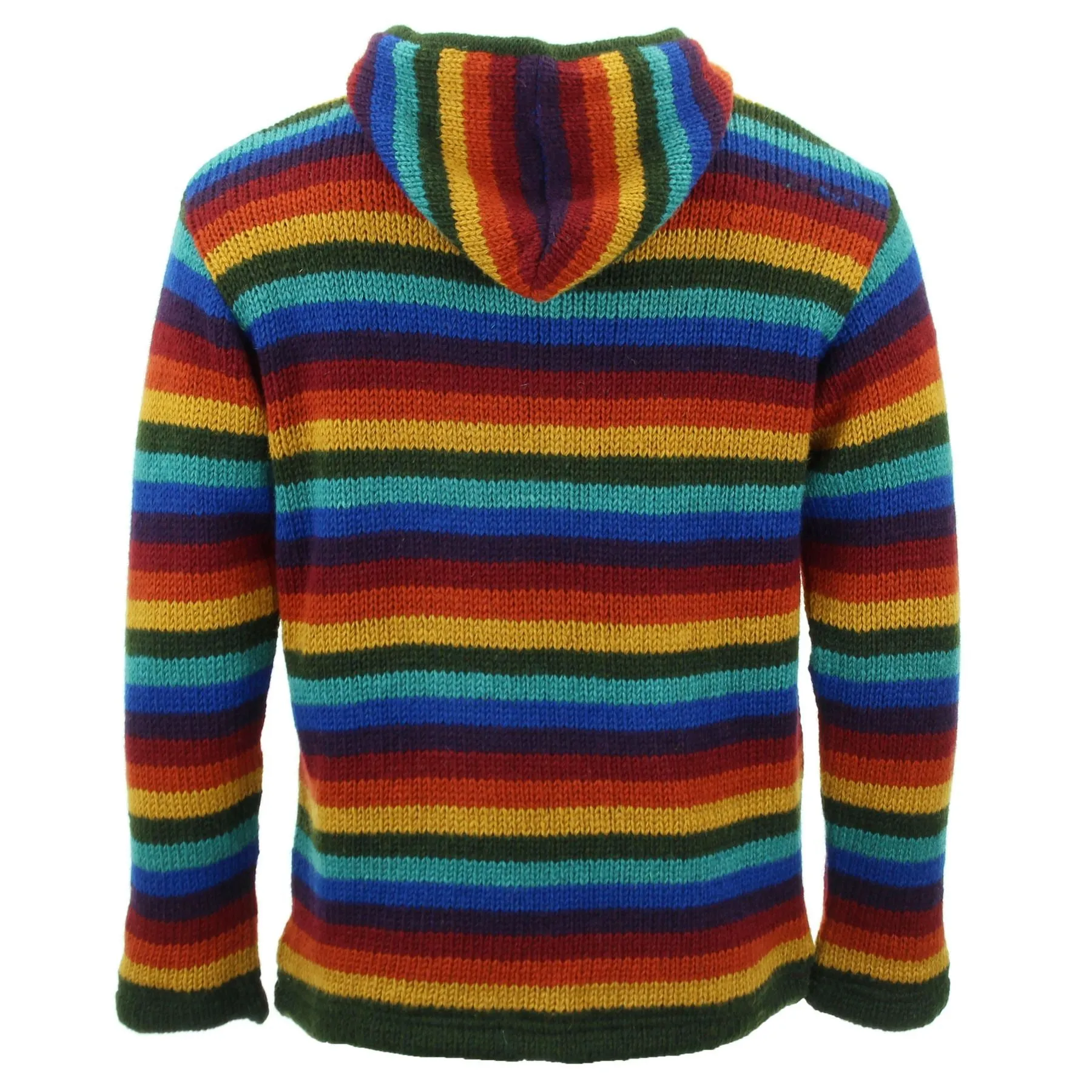 Hand Knitted Wool Hooded Jacket Cardigan - Stripe Dark Rainbow