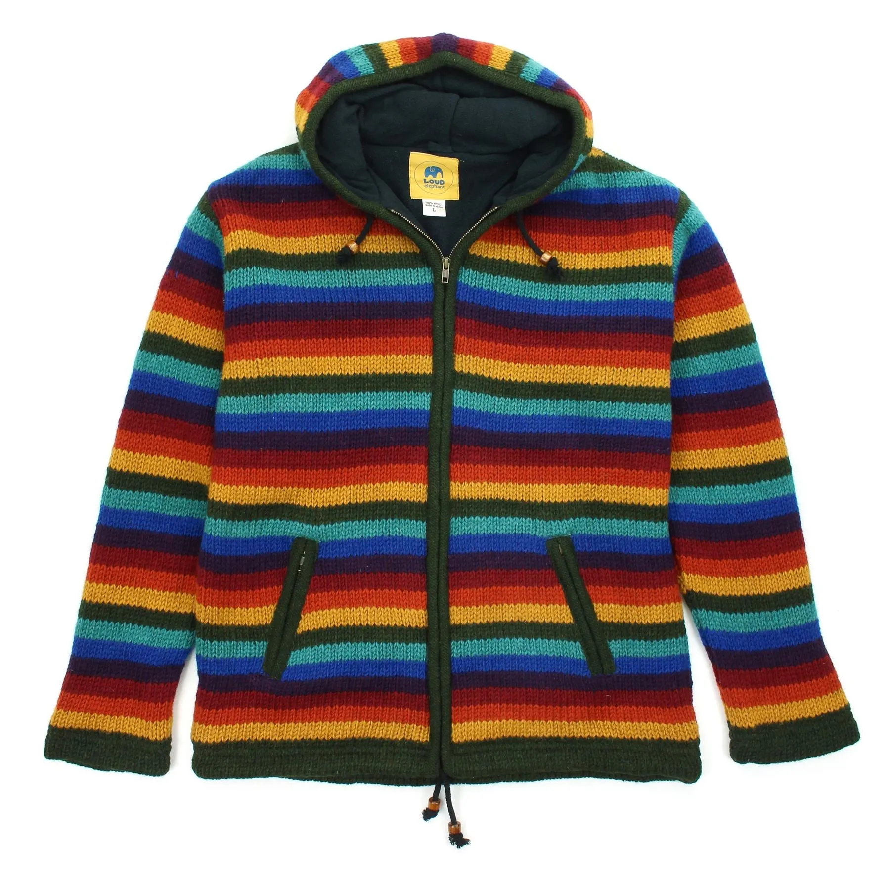 Hand Knitted Wool Hooded Jacket Cardigan - Stripe Dark Rainbow