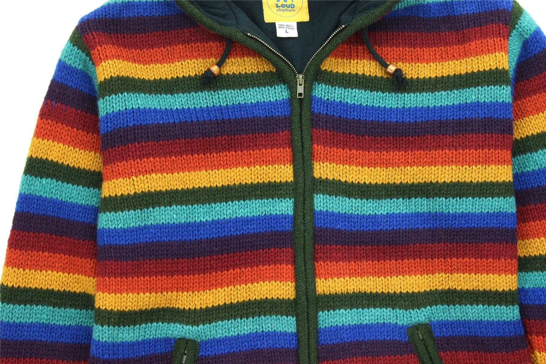 Hand Knitted Wool Hooded Jacket Cardigan - Stripe Dark Rainbow