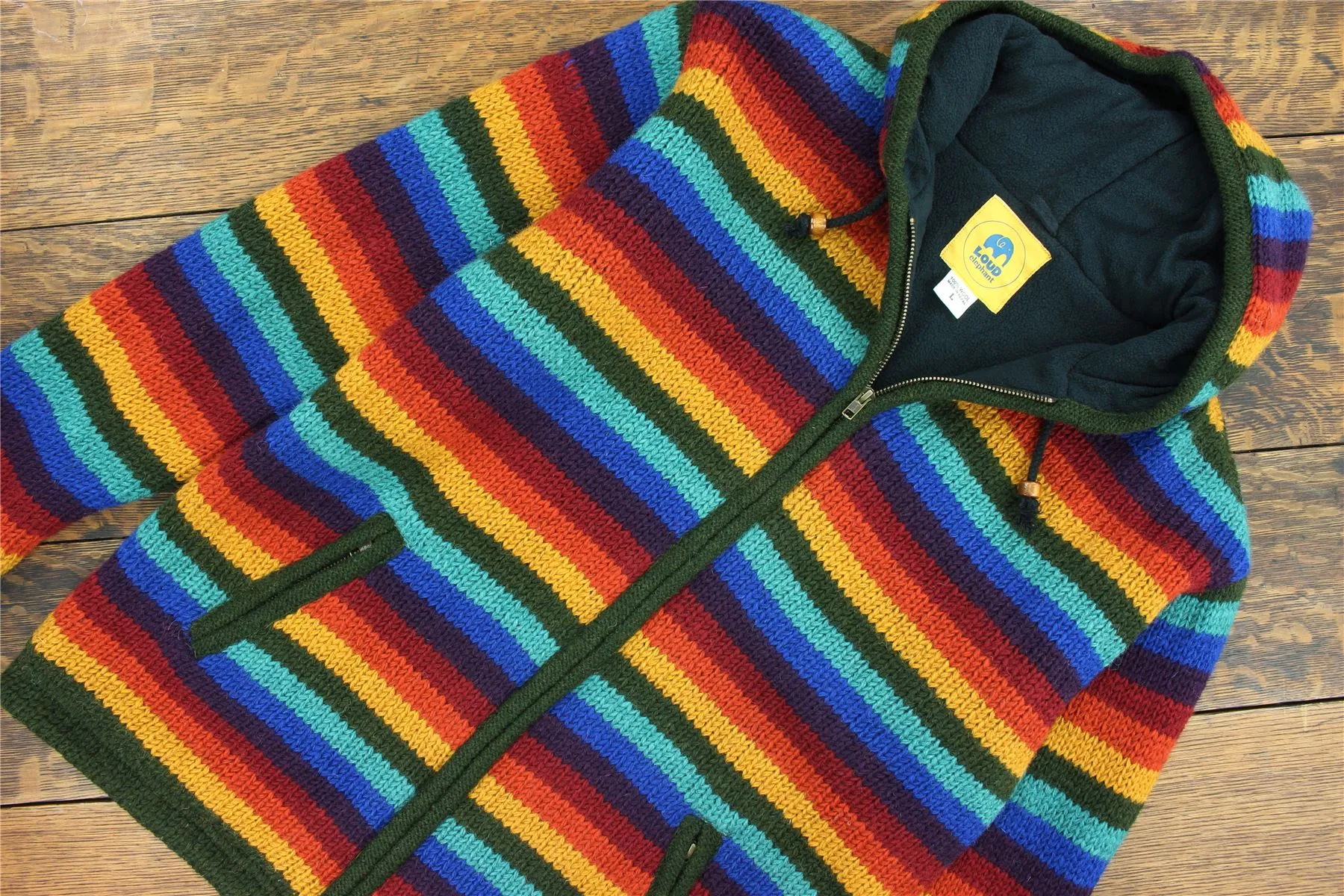 Hand Knitted Wool Hooded Jacket Cardigan - Stripe Dark Rainbow