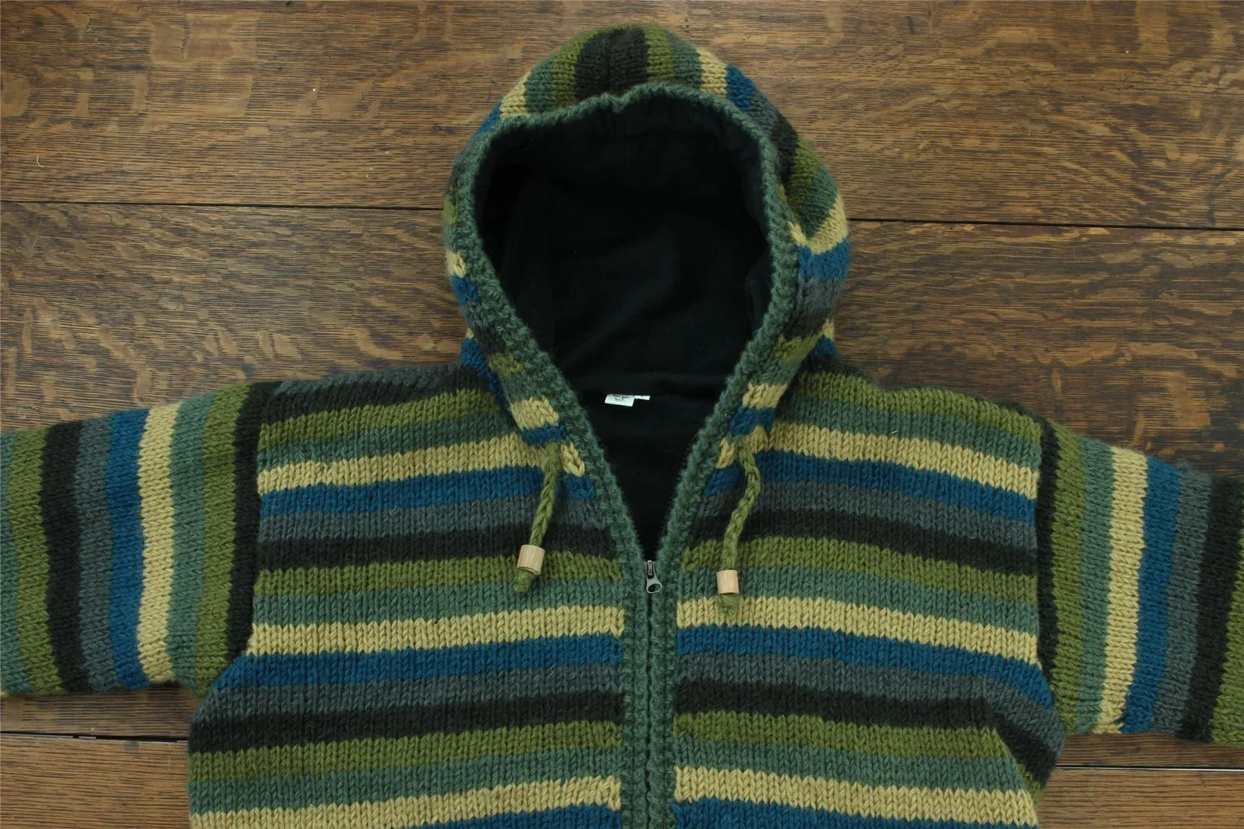 Hand Knitted Wool Hooded Jacket Cardigan - Stripe Green Blue