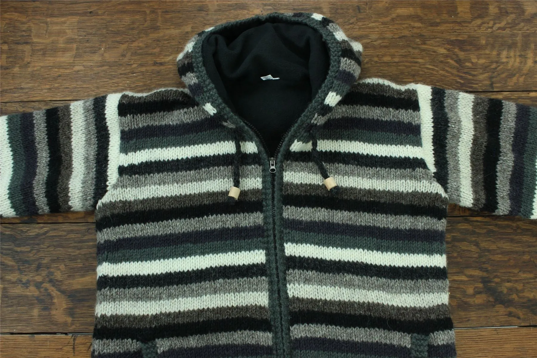 Hand Knitted Wool Hooded Jacket Cardigan - Stripe Greys