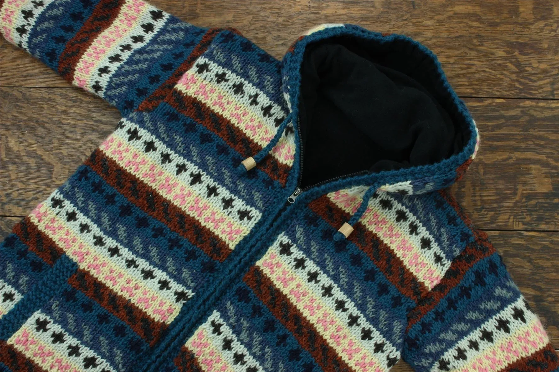 Hand Knitted Wool Hooded Jacket Cardigan - Stripe Navy Pink Pattern