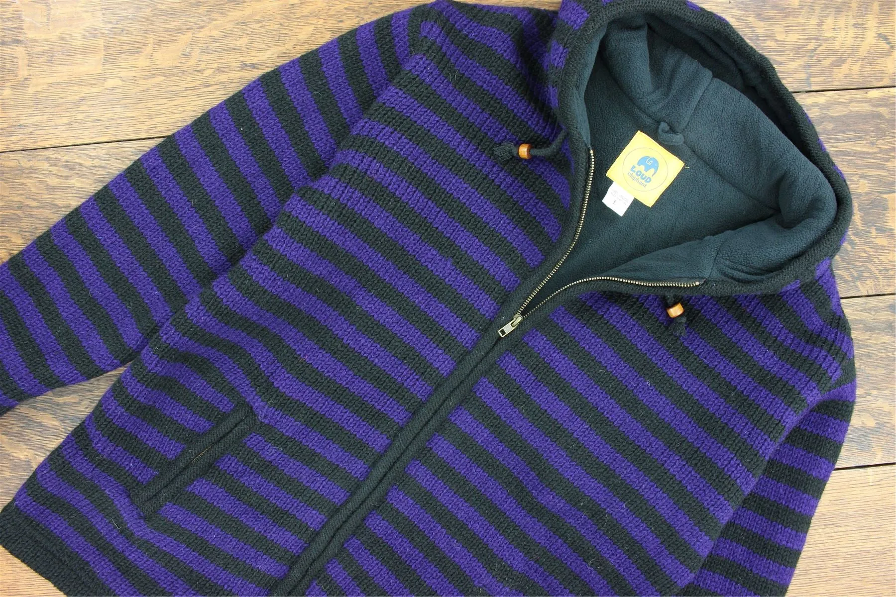 Hand Knitted Wool Hooded Jacket Cardigan - Stripe Purple Black