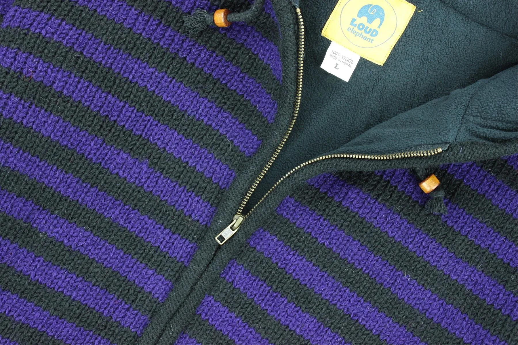 Hand Knitted Wool Hooded Jacket Cardigan - Stripe Purple Black