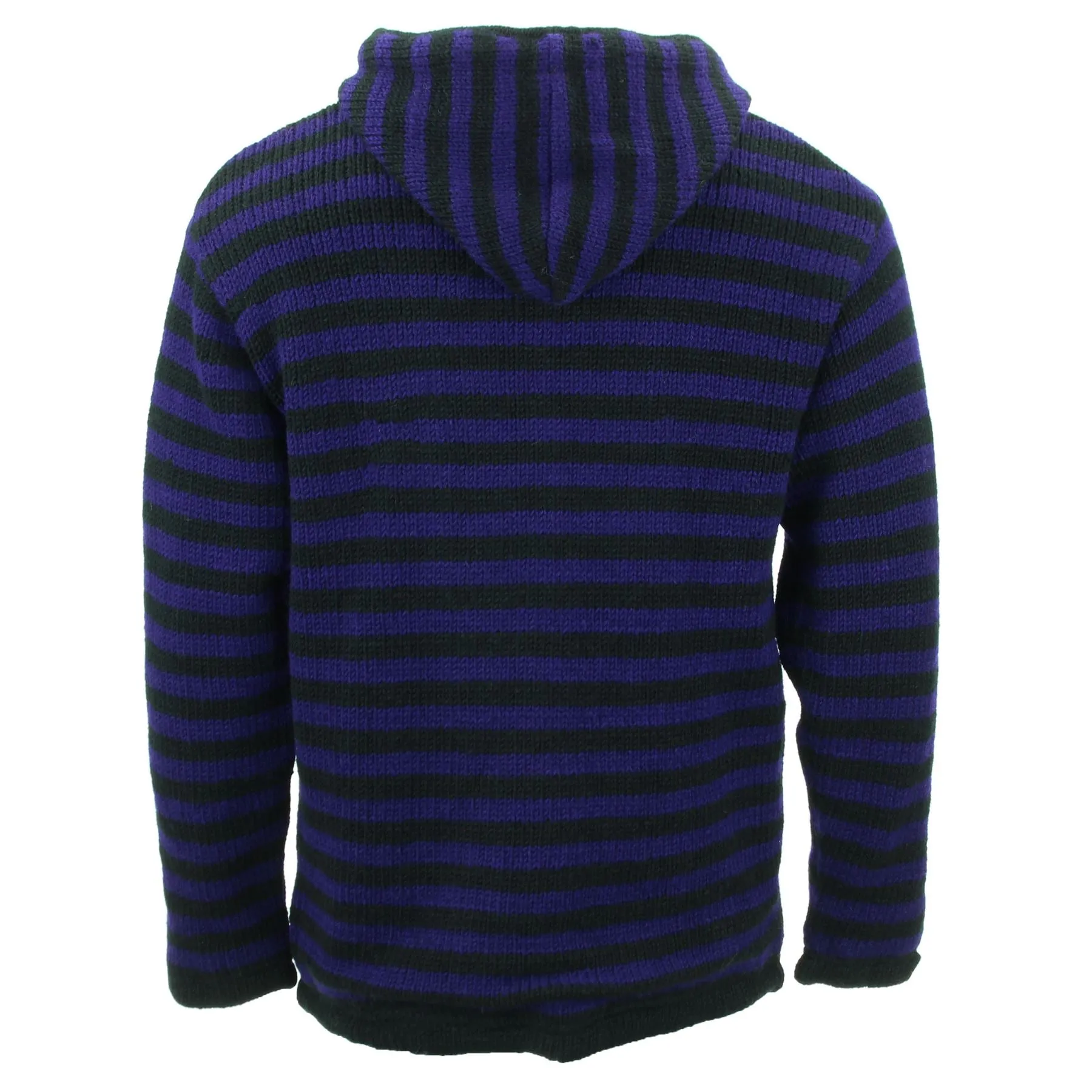 Hand Knitted Wool Hooded Jacket Cardigan - Stripe Purple Black