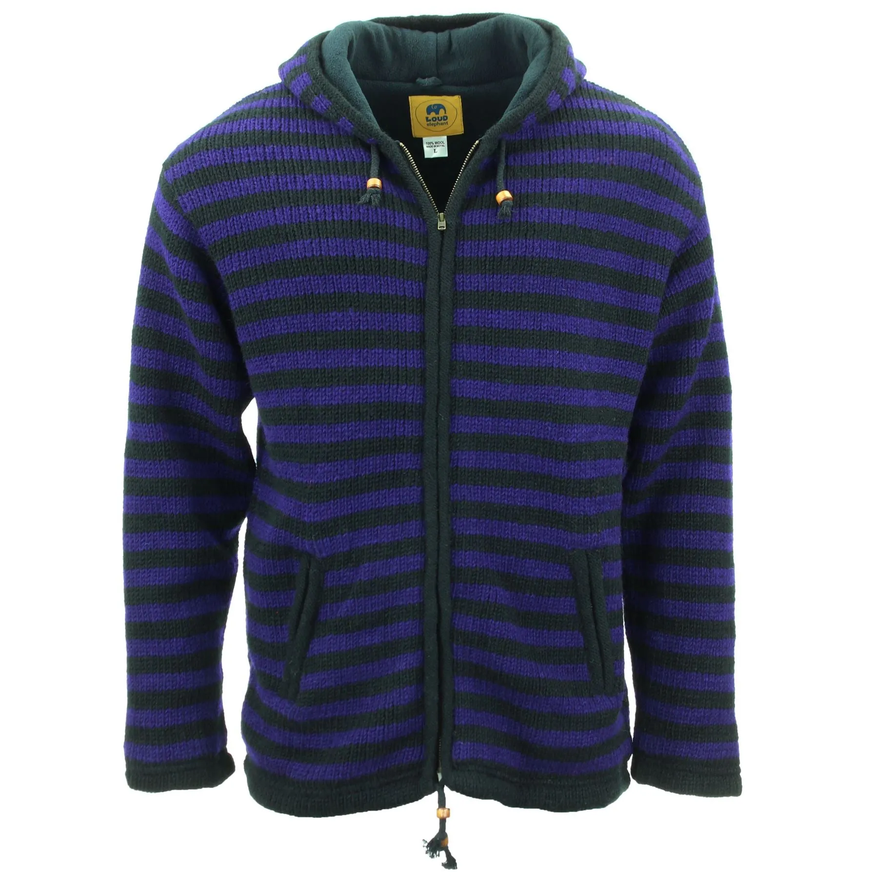 Hand Knitted Wool Hooded Jacket Cardigan - Stripe Purple Black