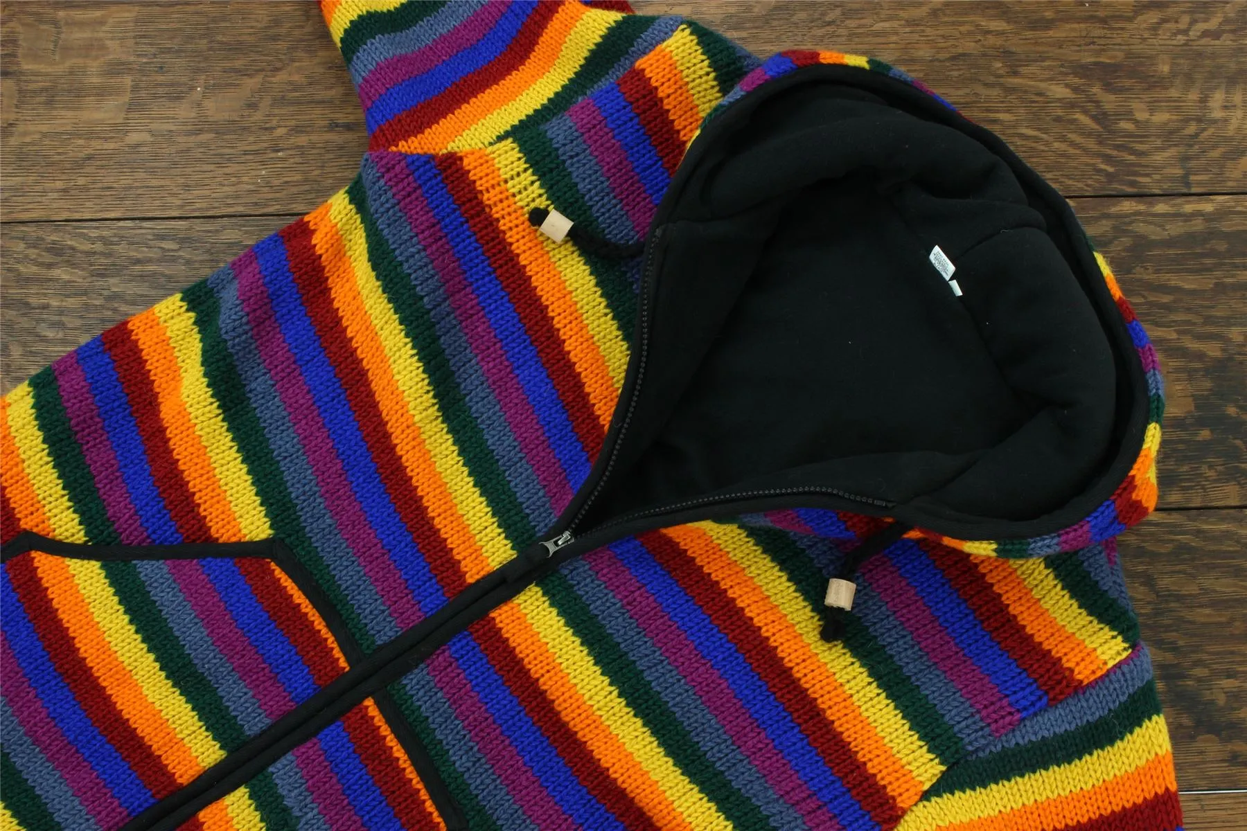 Hand Knitted Wool Hooded Jacket Cardigan - Stripe Rainbow Black Trim