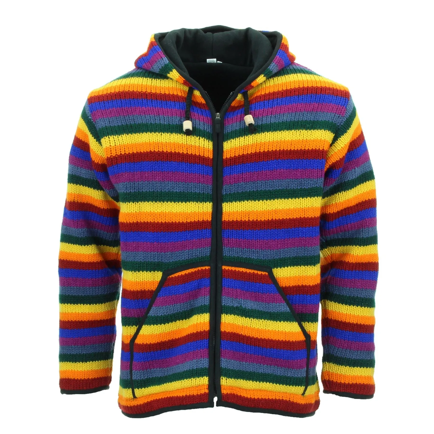 Hand Knitted Wool Hooded Jacket Cardigan - Stripe Rainbow Black Trim