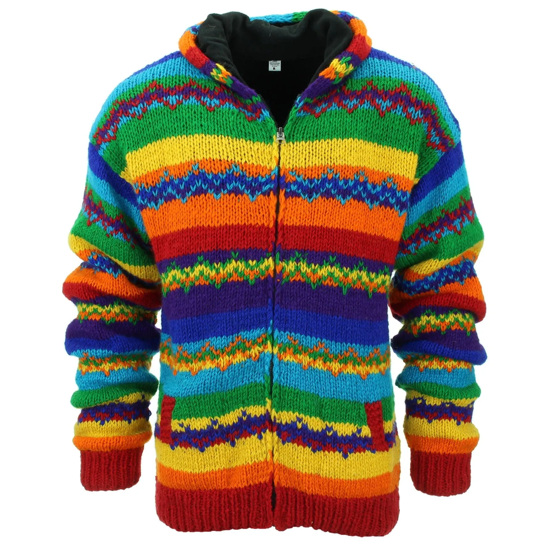 Hand Knitted Wool Hooded Jacket Cardigan - Stripe Rainbow Zig Zag