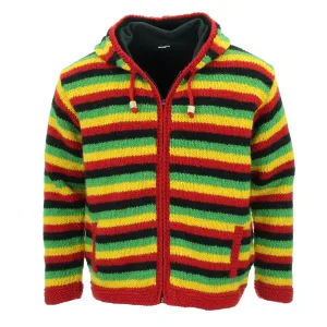 Hand Knitted Wool Hooded Jacket Cardigan - Stripe Rasta