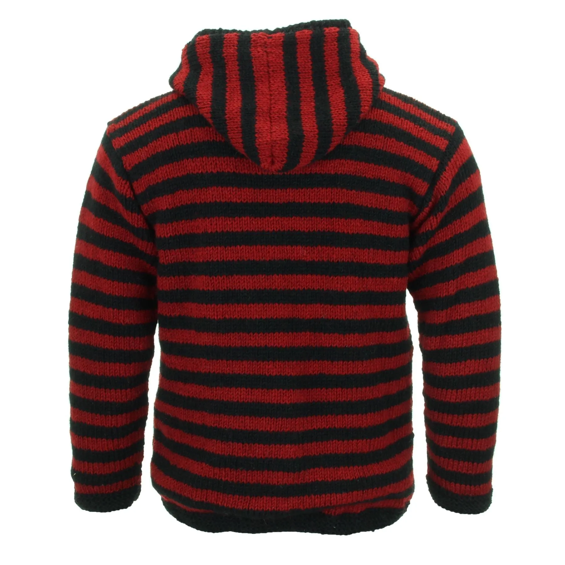 Hand Knitted Wool Hooded Jacket Cardigan - Stripe Red Black