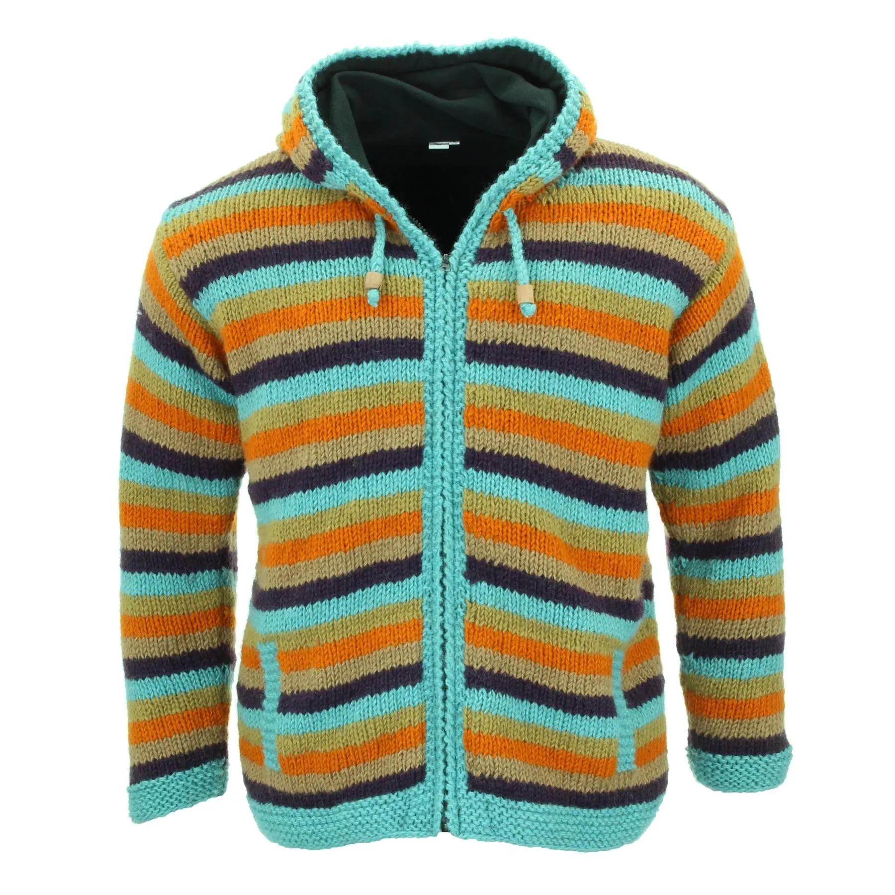 Hand Knitted Wool Hooded Jacket Cardigan - Stripe Retro A